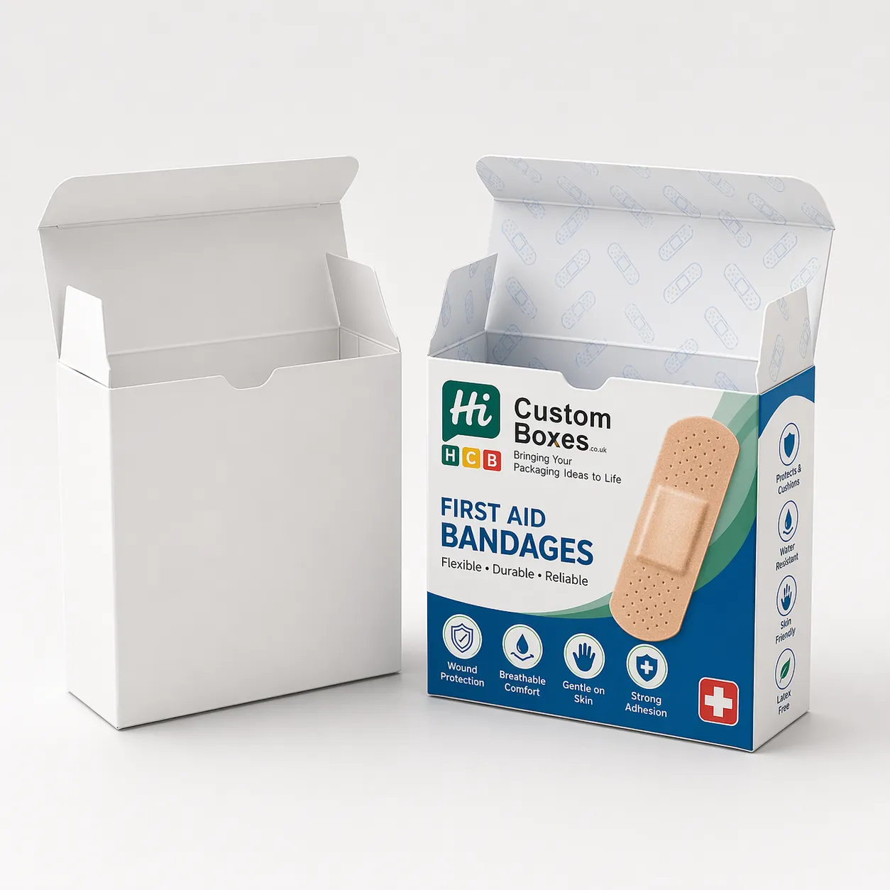 Two vertical medicinal boxes, one plain white and one with teal waves and HCB branding.